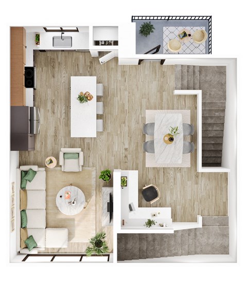 A top-down view of a modern living room with a kitchen area.